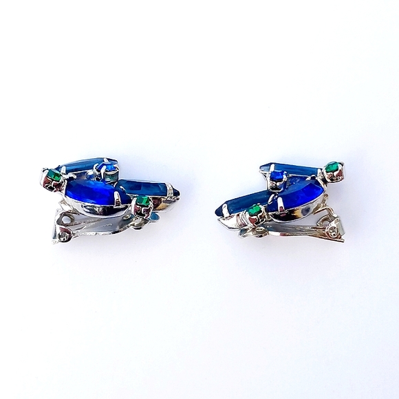 VINTAGE BLUE GREEN SILVERTONE EARRINGS clip on glass MCM - Picture 3 of 6